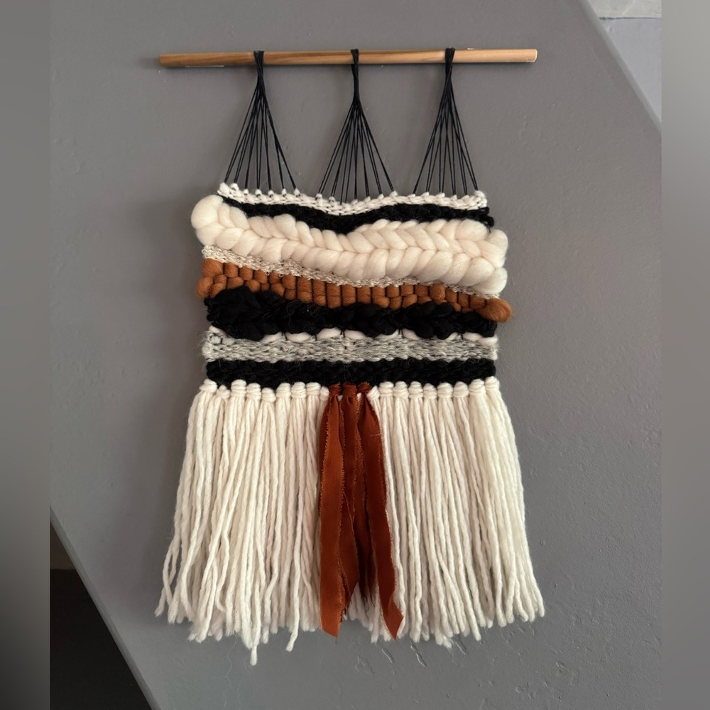 Handmade Woven Wall Hanging in Cream , Rust, and Black